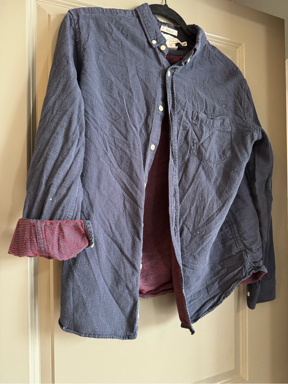 Men's Navy& Red Regular Fit Casual Button Down Shirt L.O.G.G. H&M